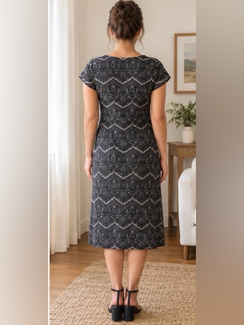 Liz Claiborne Black Lace-Pattern V-Neck Midi Dress - Picture 2 of 7